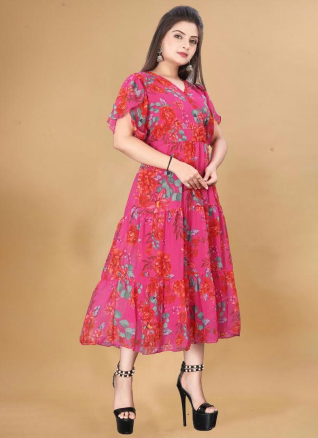 Georgette Pink Casual Wear Printed Readymade Gown